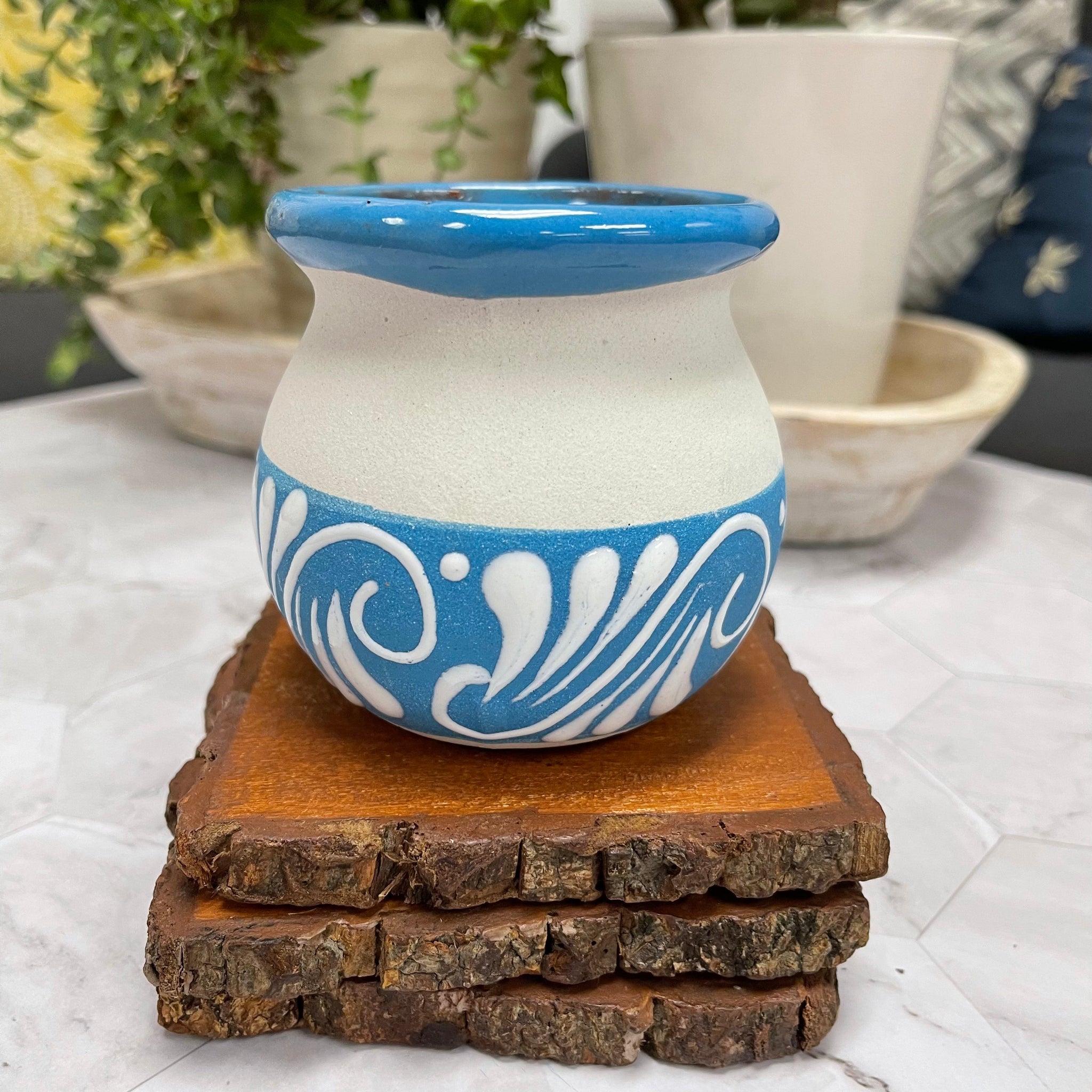 Blue and white ceramic Mexican Clay Tacita candle on top of 3 wooden coasters with plants in the background.